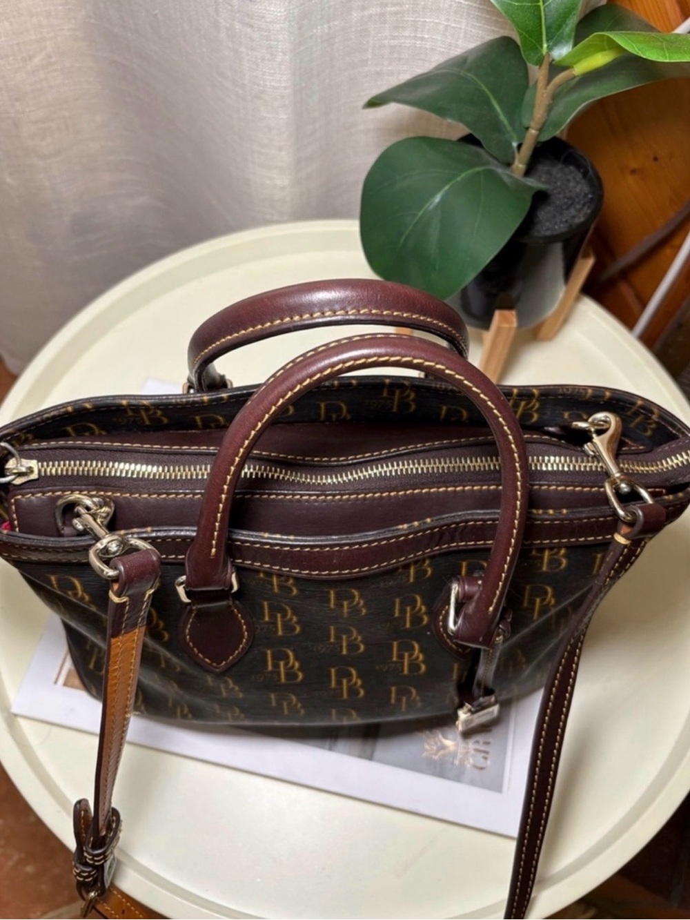 Dooney & Bourke Brown & Tan Signature DB Satchel - Picture 2 of 6